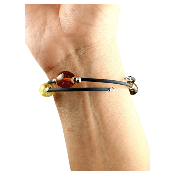 Bransoletka srebrna ze stali z certyfikowanym bursztynem - regulowana