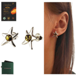 KOLCZYKI SREBRNE Z CERTYFIKOWANYM BURSZTYNEM ROZGWIAZDY