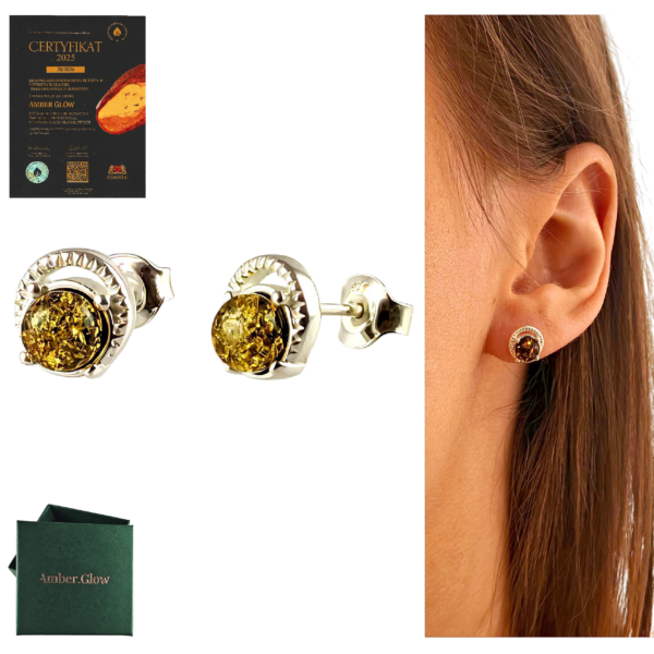 KOLCZYKI SREBRNE Z CERTYFIKOWANYM BURSZTYNEM SZTYFT