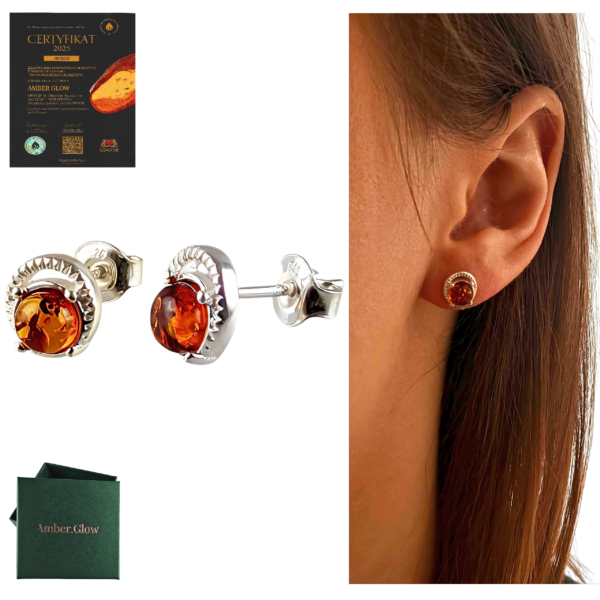 KOLCZYKI SREBRNE Z CERTYFIKOWANYM BURSZTYNEM SZTYFT