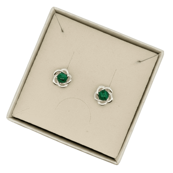 KOLCZYKI SREBRNE z MALACHITEM – KWIATKI – SREBRO 925