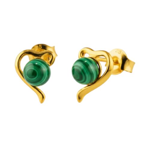 KOLCZYKI ZŁOTE z MALACHITEM – SERDUSZKA – SREBRO POZŁACANE 925