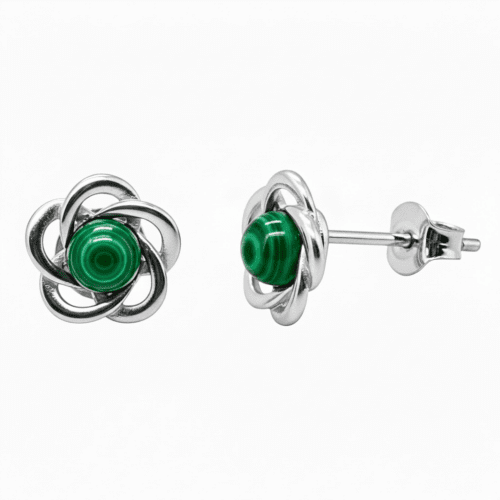 KOLCZYKI SREBRNE z MALACHITEM – KWIATKI – SREBRO 925