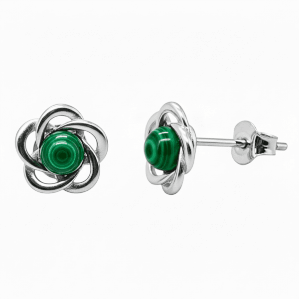 KOLCZYKI SREBRNE z MALACHITEM – KWIATKI – SREBRO 925