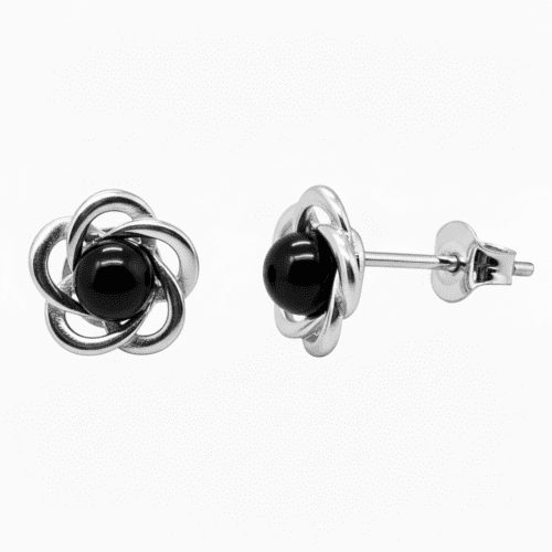 KOLCZYKI SREBRNE z ONYKSEM – KWIATKI – SREBRO 925