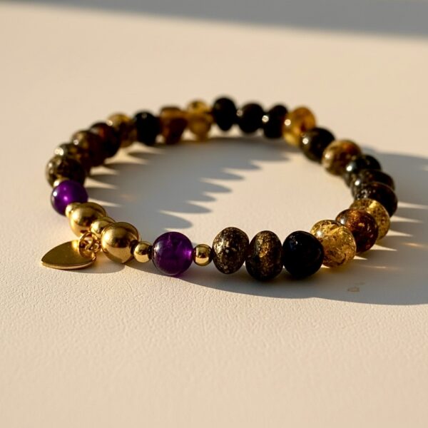 BRANSOLETKA Z CERTYFIKOWANYM BURSZTYNEM I AMETYSTEM - SERCE - NA GUMCE