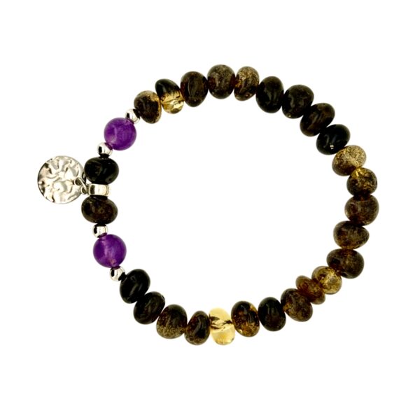 BRANSOLETKA Z CERTYFIKOWANYM BURSZTYNEM I AMETYSTEM NA GUMCE