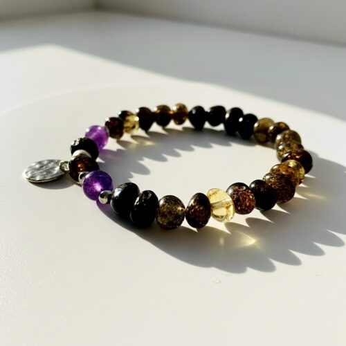 BRANSOLETKA Z CERTYFIKOWANYM BURSZTYNEM I AMETYSTEM NA GUMCE