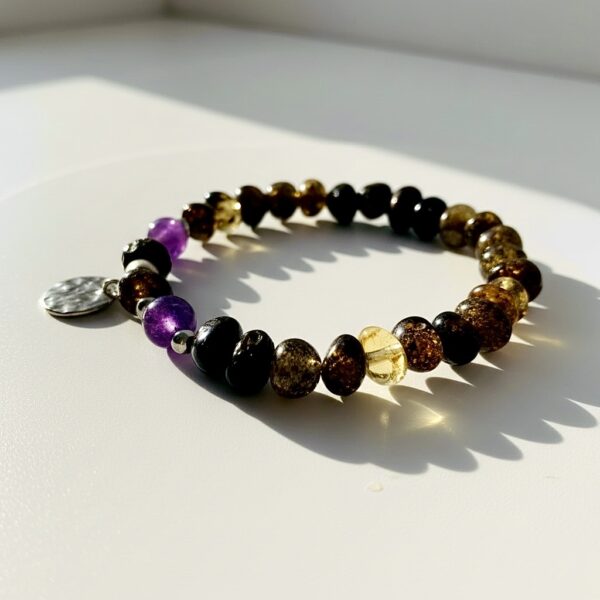 BRANSOLETKA Z CERTYFIKOWANYM BURSZTYNEM I AMETYSTEM NA GUMCE
