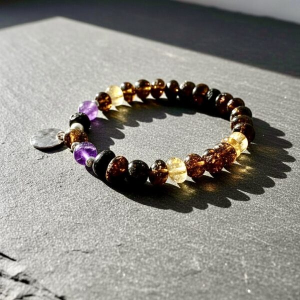 BRANSOLETKA Z CERTYFIKOWANYM BURSZTYNEM I AMETYSTEM NA GUMCE
