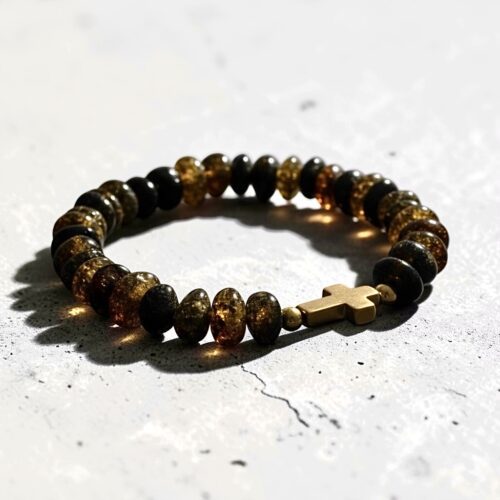 BRANSOLETKA Z CERTYFIKOWANYM BURSZTYNEM - KRZYŻYK - NA GUMCE