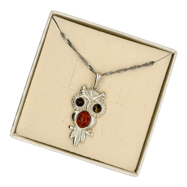 WISIOREK SREBRNY z CERTYFIKOWANYM Bursztynem SOWA SREBRO 925