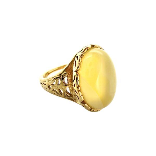 PIERŚCIONEK ZŁOTY REGULOWANY Z CERTYFIKOWANYM BURSZTYNEM – OWALNY KORONKOWY – SREBRO POZŁACANE 925