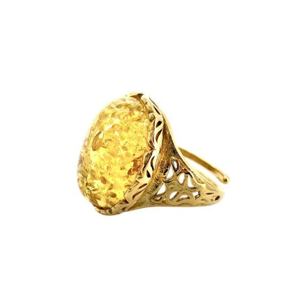 PIERŚCIONEK ZŁOTY REGULOWANY Z CERTYFIKOWANYM BURSZTYNEM – OWALNY KORONKOWY – SREBRO POZŁACANE 925