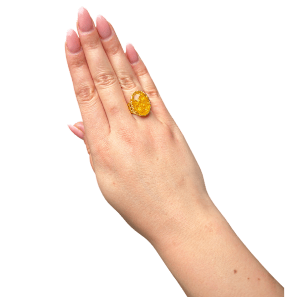 PIERŚCIONEK ZŁOTY REGULOWANY Z CERTYFIKOWANYM BURSZTYNEM – OWALNY KORONKOWY – SREBRO POZŁACANE 925