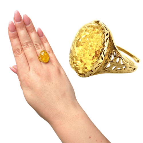 PIERŚCIONEK ZŁOTY REGULOWANY Z CERTYFIKOWANYM BURSZTYNEM – OWALNY KORONKOWY – SREBRO POZŁACANE 925