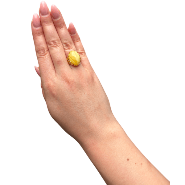 PIERŚCIONEK ZŁOTY REGULOWANY Z CERTYFIKOWANYM BURSZTYNEM – OWALNY KORONKOWY – SREBRO POZŁACANE 925