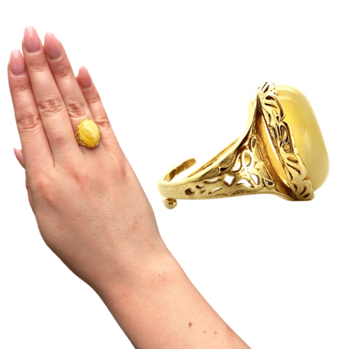 PIERŚCIONEK ZŁOTY REGULOWANY Z CERTYFIKOWANYM BURSZTYNEM – OWALNY KORONKOWY – SREBRO POZŁACANE 925