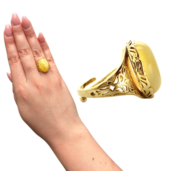 PIERŚCIONEK ZŁOTY REGULOWANY Z CERTYFIKOWANYM BURSZTYNEM – OWALNY KORONKOWY – SREBRO POZŁACANE 925