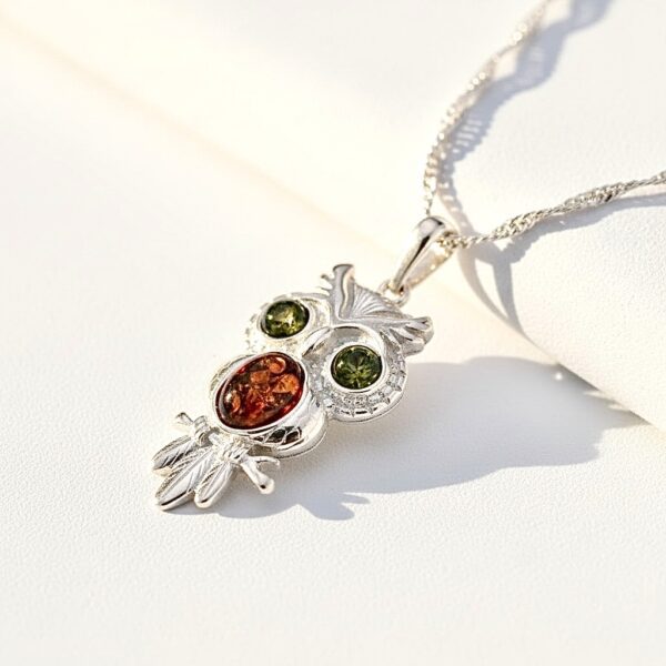 WISIOREK SREBRNY z CERTYFIKOWANYM Bursztynem SOWA SREBRO 925