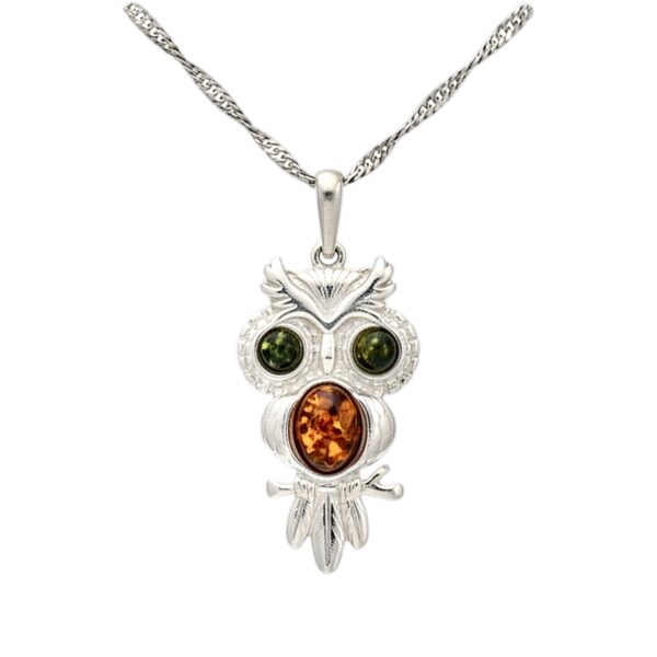 WISIOREK SREBRNY z CERTYFIKOWANYM Bursztynem SOWA SREBRO 925