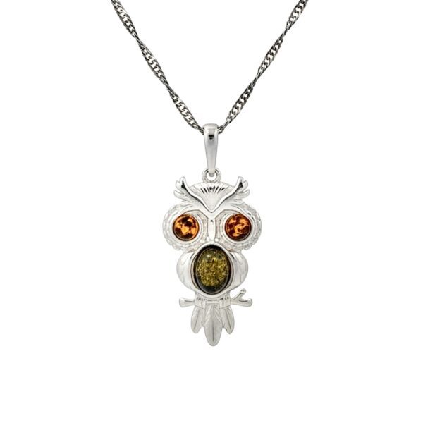 WISIOREK SREBRNY z CERTYFIKOWANYM Bursztynem SOWA SREBRO 925
