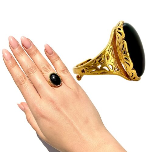 PIERŚCIONEK SREBRNY REGULOWANY Z ONYKSEM KAMIENIEM SIŁY SREBRO POZŁACANE 925