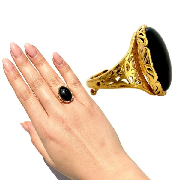 PIERŚCIONEK SREBRNY REGULOWANY Z ONYKSEM KAMIENIEM SIŁY SREBRO POZŁACANE 925