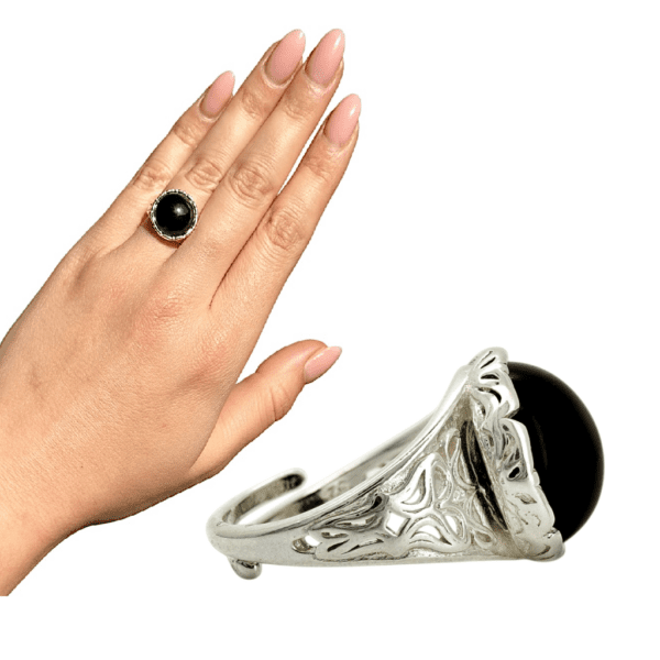 PIERŚCIONEK SREBRNY REGULOWANY Z ONYKSEM KAMIENIEM SIŁY SREBRO 925
